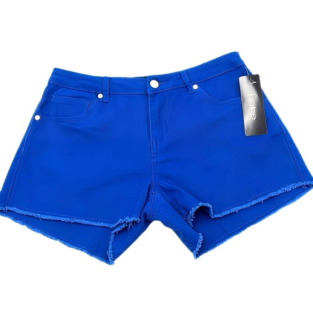 Bebe Electric Blue Rhinestone Bling Logo Denim Cutoff Shorts Raw Hem Womens 29
